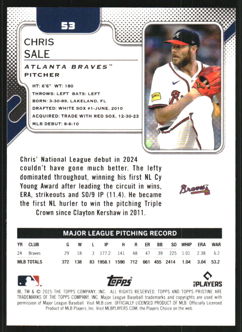 2025 Topps Pristine Blue Refractors #53 Chris Sale /75