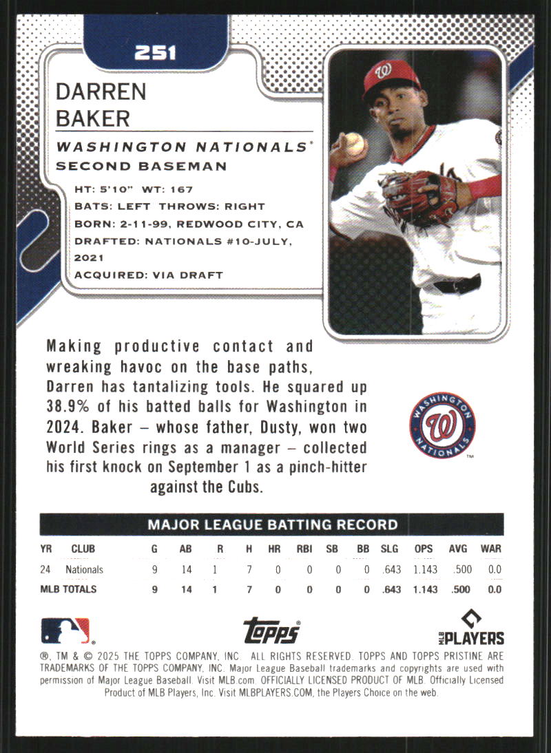2025 Topps Pristine Blue Refractors #251 Darren Baker /75