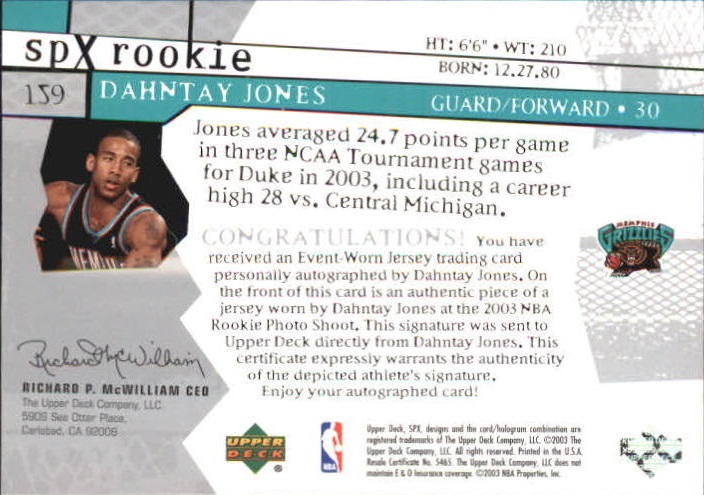 2003-04 SPx #159 Dahntay Jones JSY AU RC back image