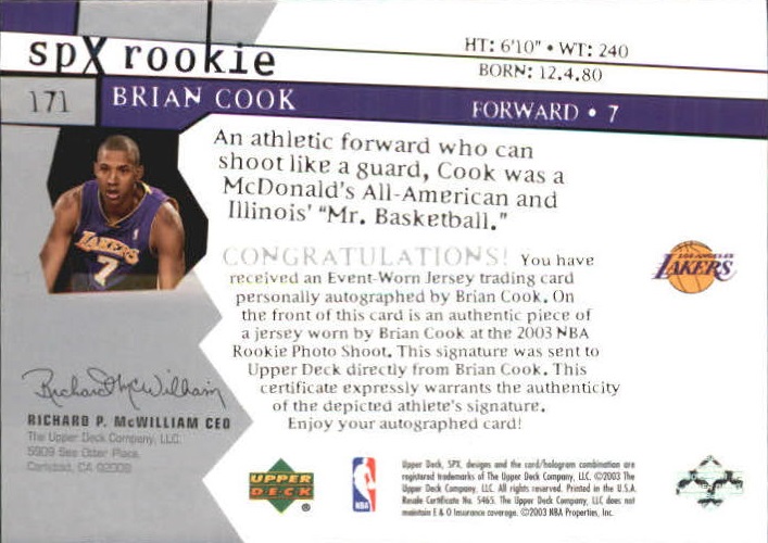 2003-04 SPx #171 Brian Cook JSY AU RC back image