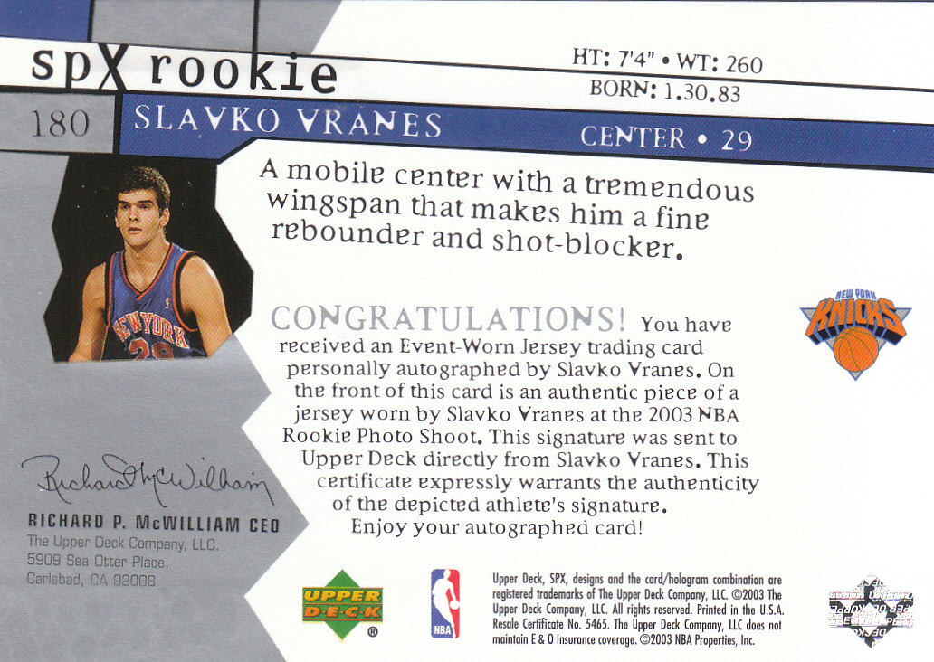 2003-04 SPx #180 Slavko Vranes JSY AU RC back image