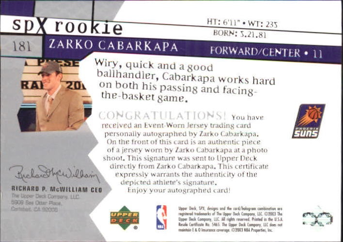 2003-04 SPx #181 Zarko Cabarkapa JSY AU RC back image