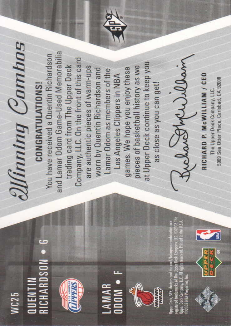 2003-04 SPx Winning Materials Combos #WC25 Quentin Richardson/Lamar Odom back image