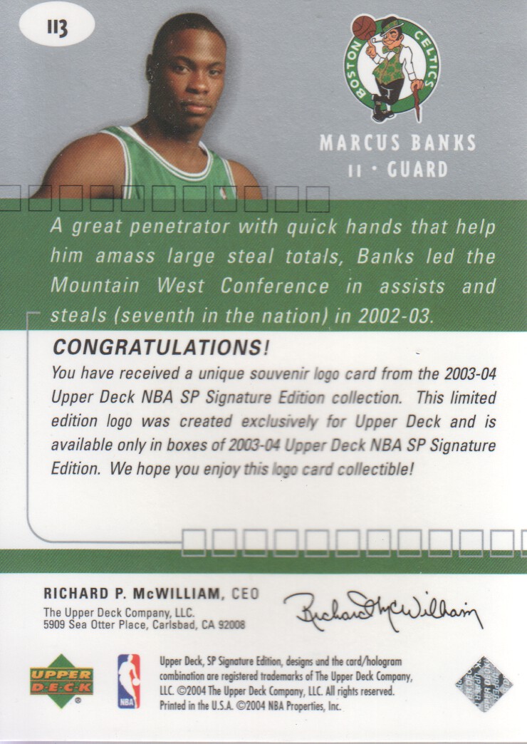 2003-04 SP Signature Edition #113 Marcus Banks RC back image