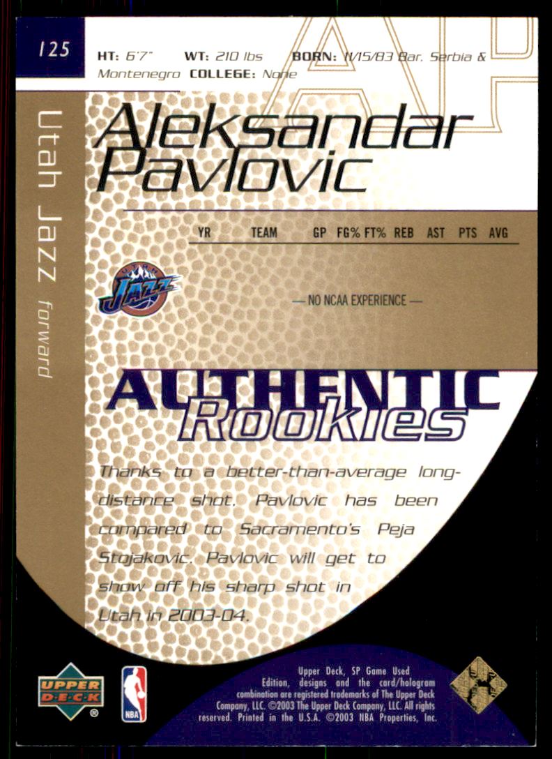 2003-04 SP Game Used Gold #125 Aleksandar Pavlovic back image