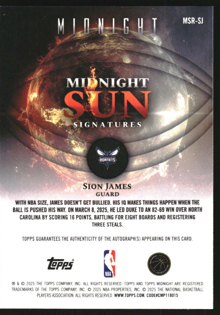 2025-26 Topps Midnight Midnight Sun Rookie Signatures Moon Beam #MSRSJ Sion James Auto