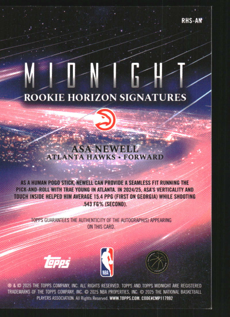 2025-26 Topps Midnight Rookie Horizon Signatures #RHSAN Asa Newell Auto