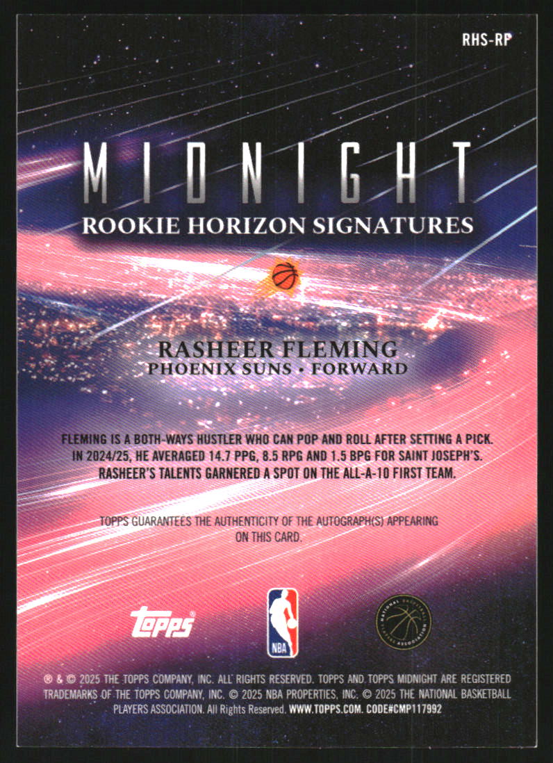 2025-26 Topps Midnight Rookie Horizon Signatures Dusk #RHSRF Rasheer Fleming Auto /75