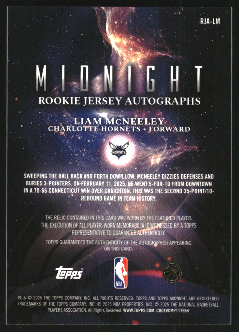 2025-26 Topps Midnight Rookie Jersey Autographs #RJALM Liam McNeeley Auto Jersey