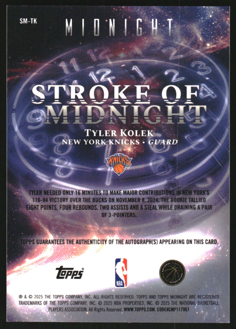 2025-26 Topps Midnight Stroke of Midnight Autographs #SMTK Tyler Kolek Auto