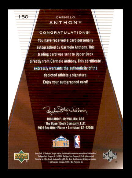 2003-04 SP Authentic #150 Carmelo Anthony AU RC back image