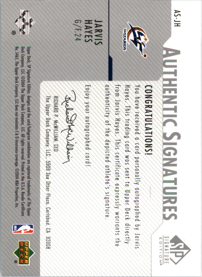 2003-04 SP Authentic Signatures #JAA Jarvis Hayes back image