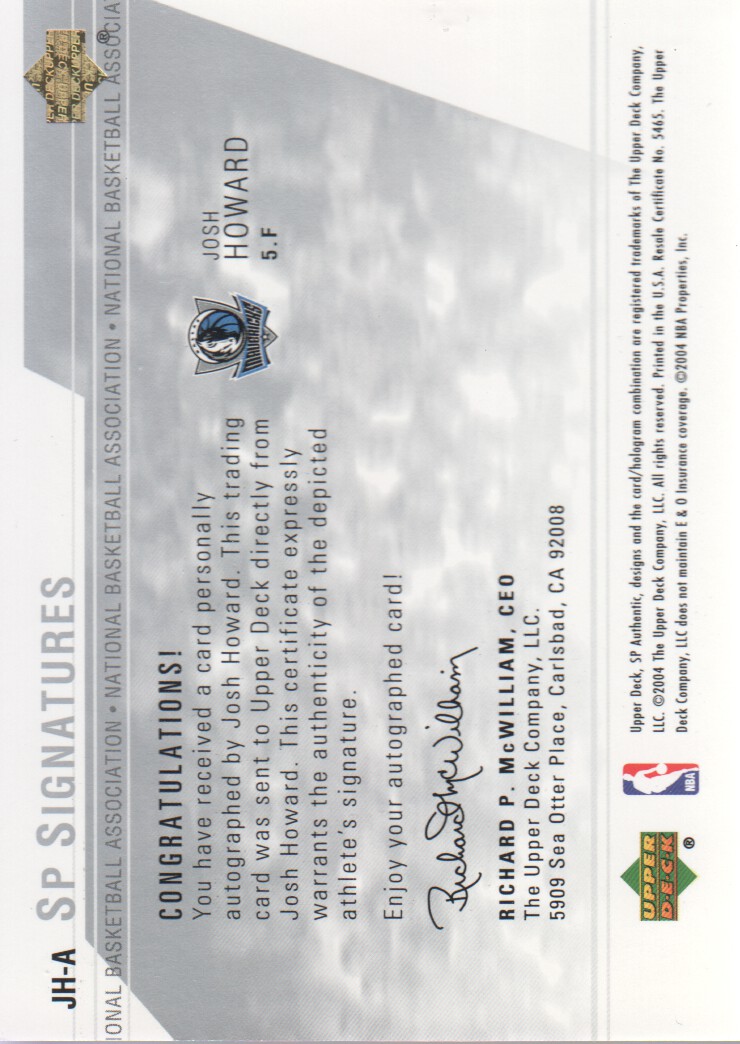 2003-04 SP Authentic Signatures #JHA Josh Howard back image