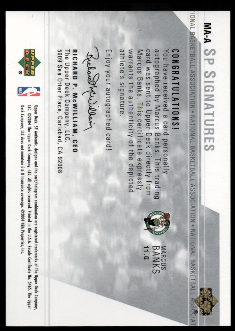 2003-04 SP Authentic Signatures #MAA Marcus Banks back image