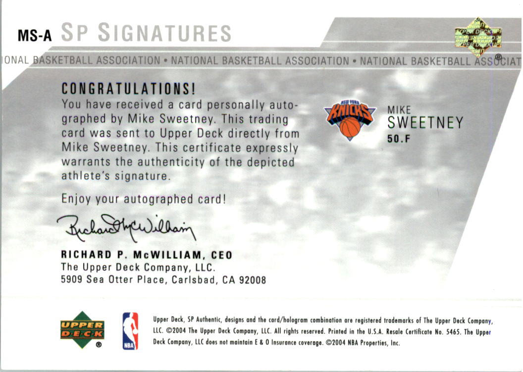2003-04 SP Authentic Signatures #MSA Mike Sweetney back image