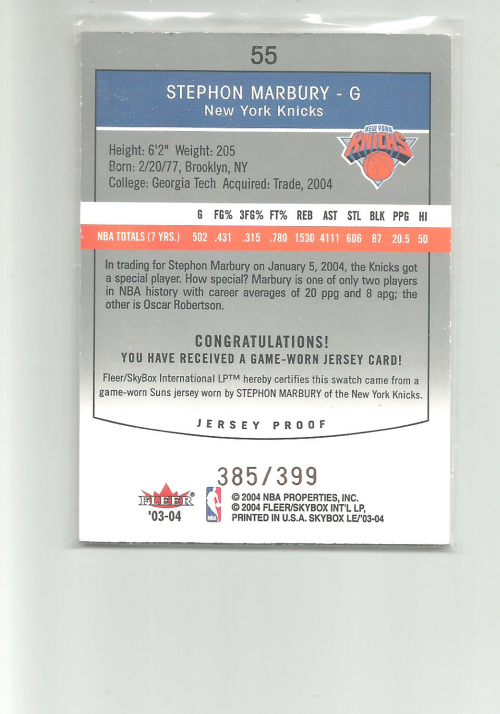 2003-04 SkyBox LE Jersey Proofs #55 Stephon Marbury back image