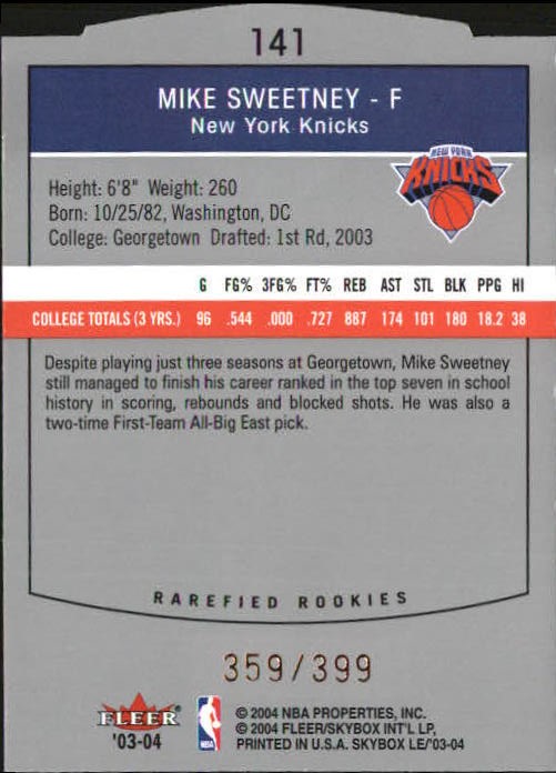 2003-04 SkyBox LE #141 Mike Sweetney RC back image