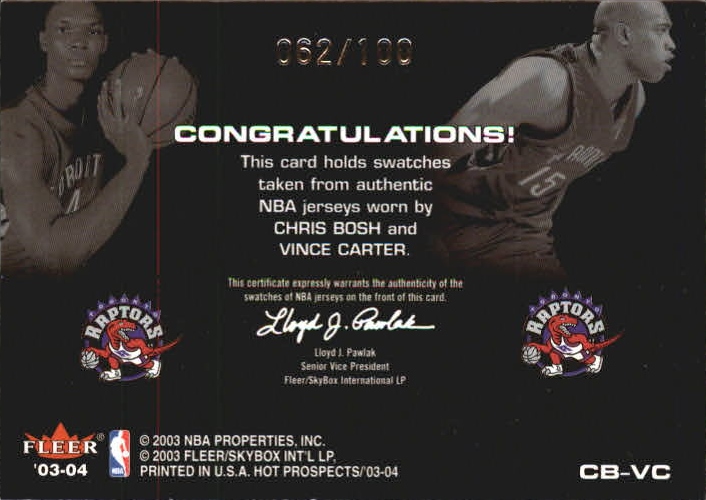 2003-04 Hoops Hot Prospects Hot Tandems #17 Chris Bosh/Vince Carter back image