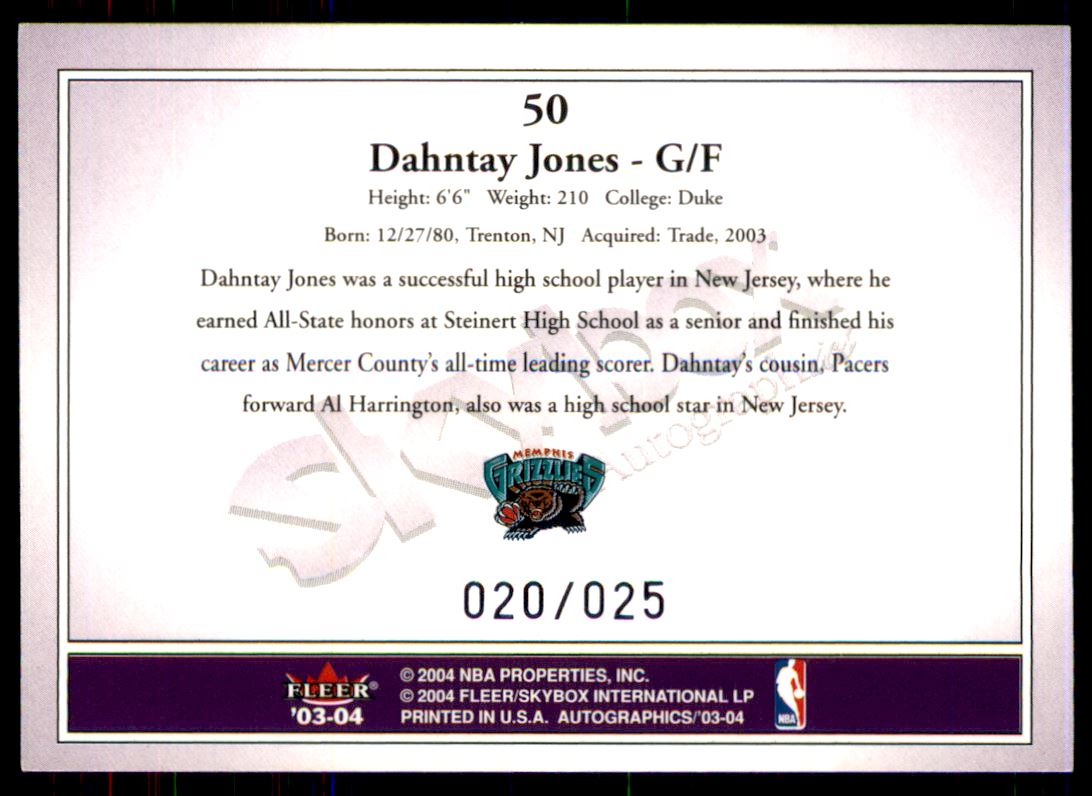 2003-04 SkyBox Autographics Insignia Purple #50 Dahntay Jones back image