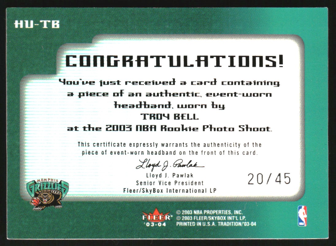 2003-04 Fleer Tradition Heads Up Game Used #HUTB Troy Bell back image