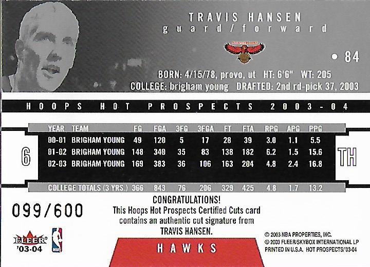 2003-04 Hoops Hot Prospects #84 Travis Hansen AU RC back image