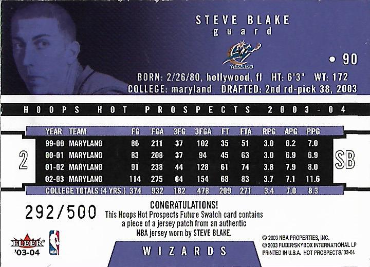 2003-04 Hoops Hot Prospects #90 Steve Blake JSY RC back image
