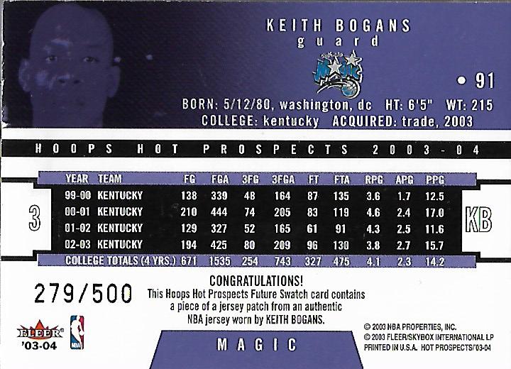 2003-04 Hoops Hot Prospects #91 Keith Bogans JSY RC back image
