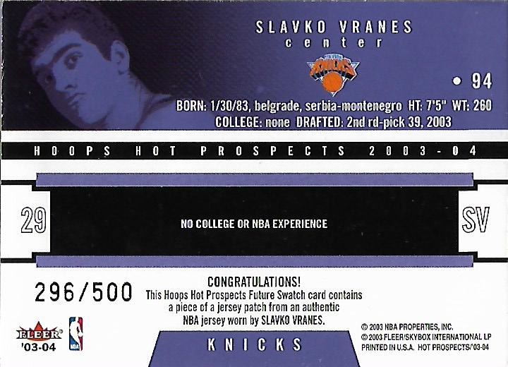 2003-04 Hoops Hot Prospects #94 Slavko Vranes JSY RC back image