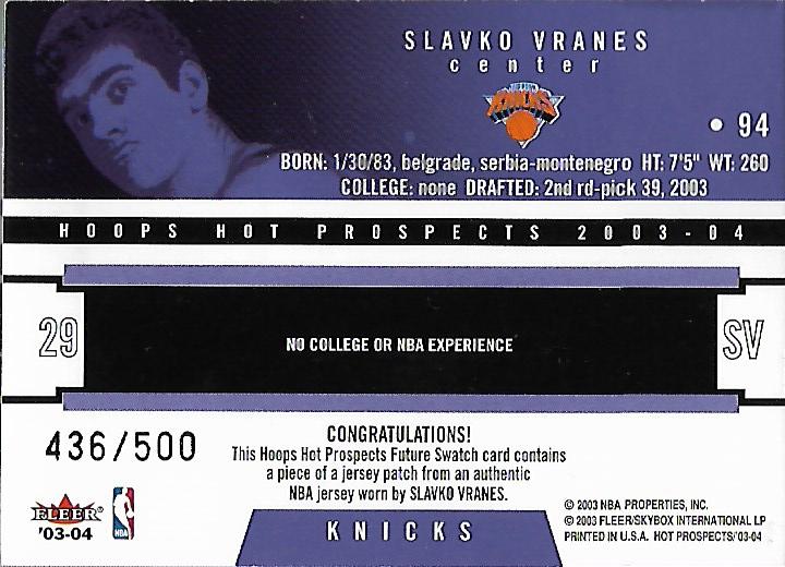 2003-04 Hoops Hot Prospects #94 Slavko Vranes JSY RC back image