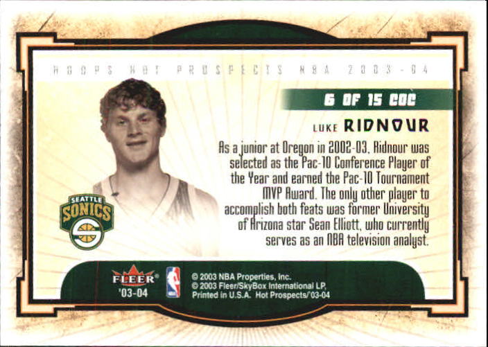 2003-04 Hoops Hot Prospects Cream of the Crop #6 Luke Ridnour