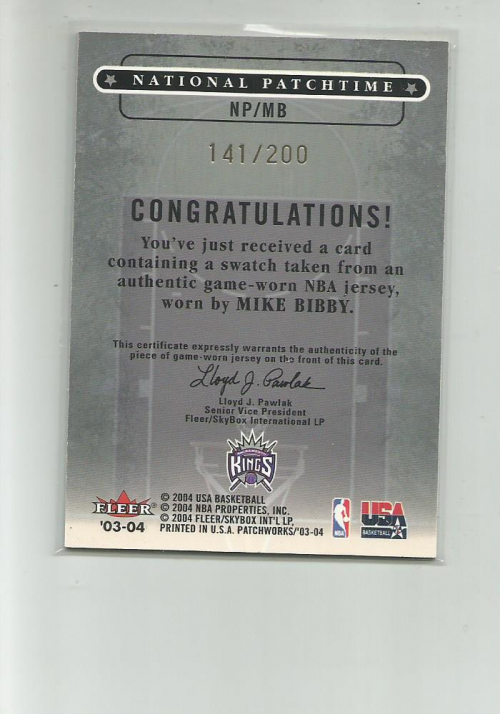 2003-04 Fleer Patchworks National Patchtime Jerseys USA #MB Mike Bibby back image