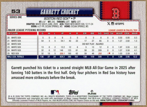 2026 Topps Rainbow Foil #53 Garrett Crochet back image