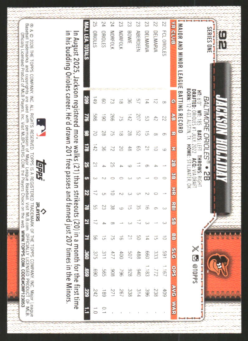 2026 Topps Rainbow Foil #92 Jackson Holliday