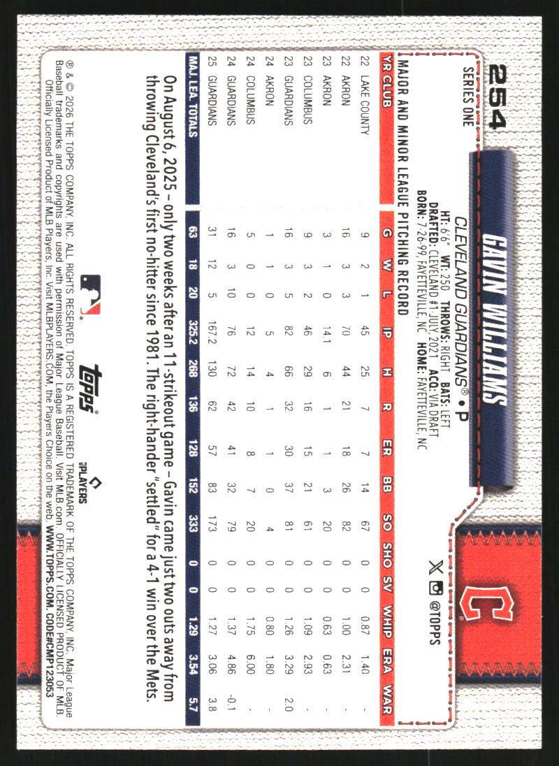 2026 Topps Rainbow Foil #254 Gavin Williams