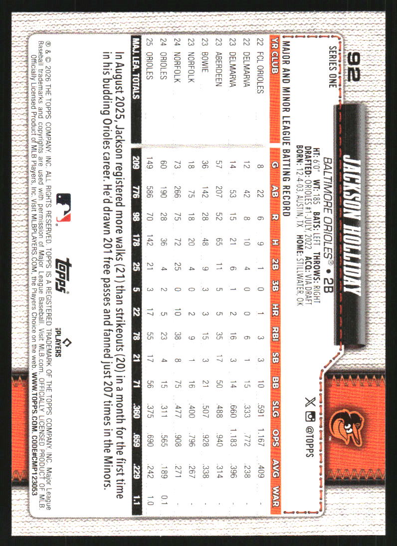 2026 Topps Holo Foil #92 Jackson Holliday