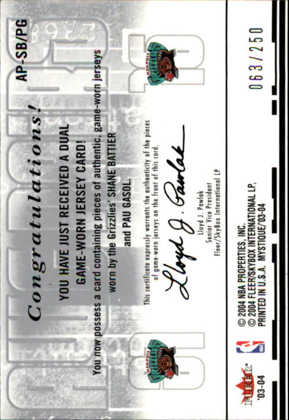 2003-04 Fleer Mystique Awe Pairs Dual Jerseys 250 #SBPG  S.Battier/P.Gasol