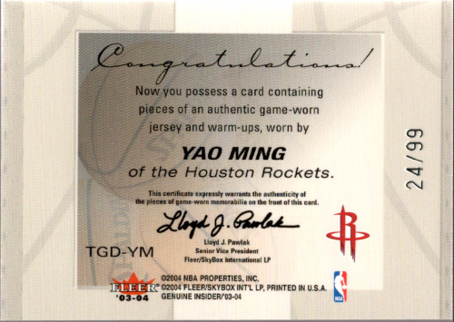 2003-04 Fleer Genuine Insider Tools of the Game Game Used Dual #6 Yao Ming back image