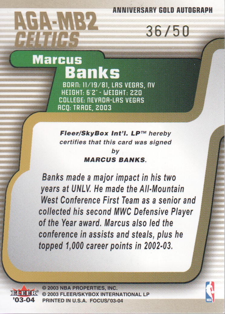 2003-04 Fleer Focus Auto Focus Autographs 50 #12 Marcus Banks back image