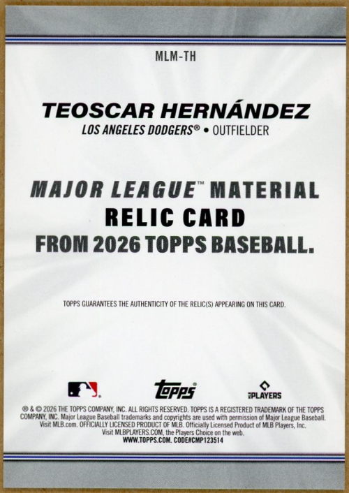 2026 Topps Major League Materials #MLMTH Teoscar Hernandez back image