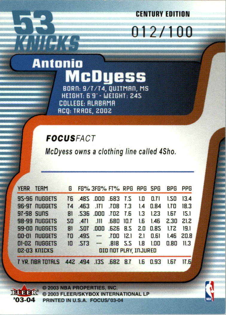 2003-04 Fleer Focus Numbers Century #53 Antonio McDyess back image