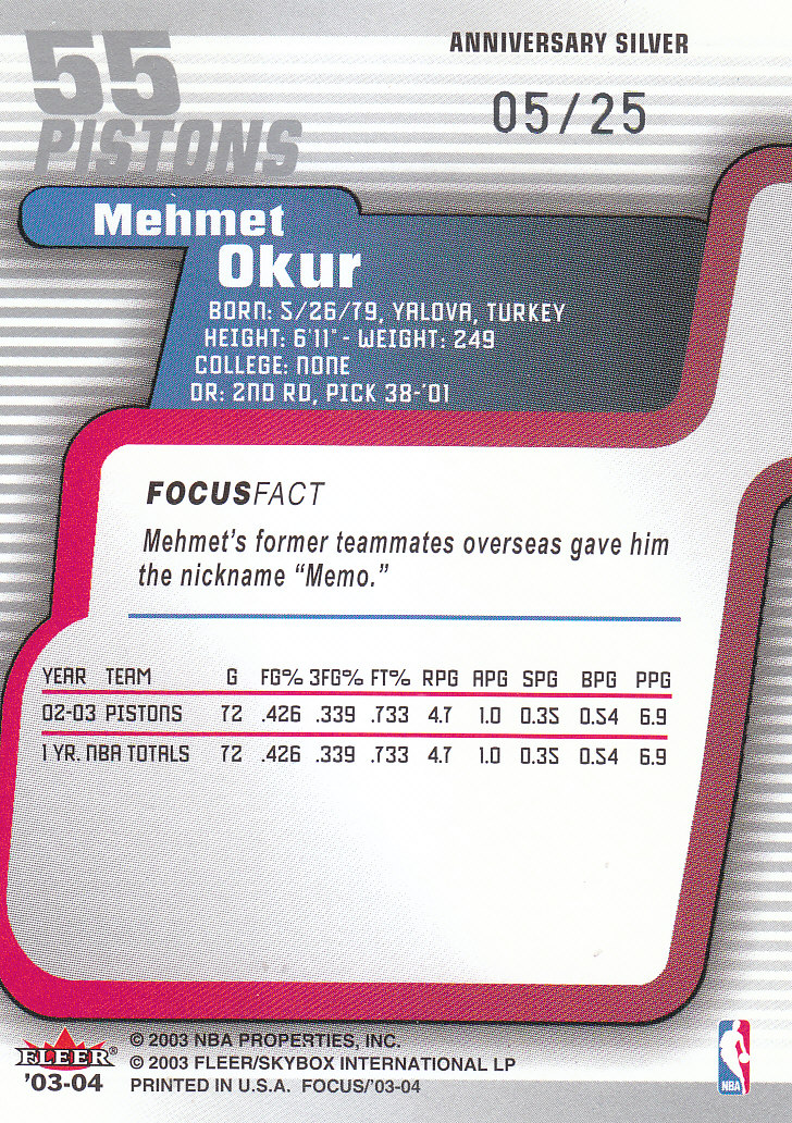 2003-04 Fleer Focus Silver #55 Mehmet Okur back image