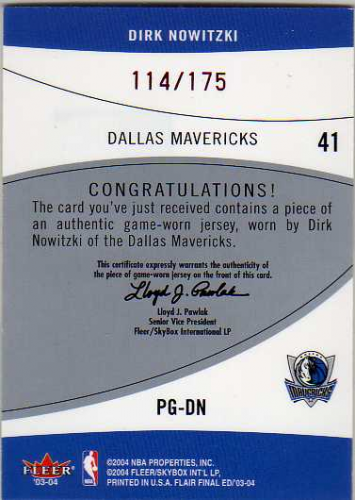 2003-04 Flair Final Edition Power Game Jerseys 175 #DN Dirk Nowitzki back image