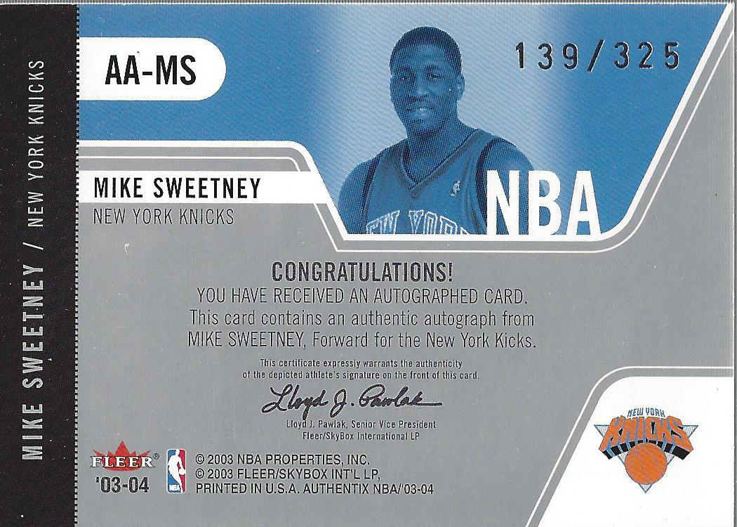 2003-04 Fleer Authentix Autographs #AAMS Mike Sweetney/325 back image