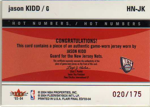 2003-04 Flair Final Edition Hot Numbers Jerseys 175 #JK Jason Kidd back image