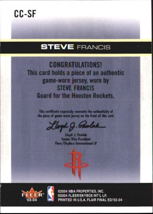 2003-04 Flair Final Edition Hot Numbers Jerseys 75 #SF Steve Francis back image