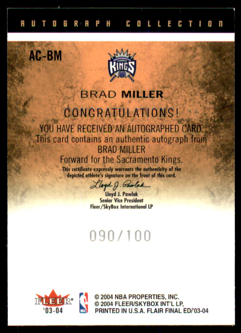 2003-04 Flair Final Edition Autograph Collection #BM Brad Miller/200 back image