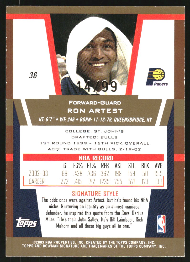 2003-04 Bowman Signature Edition Gold #36 Ron Artest back image