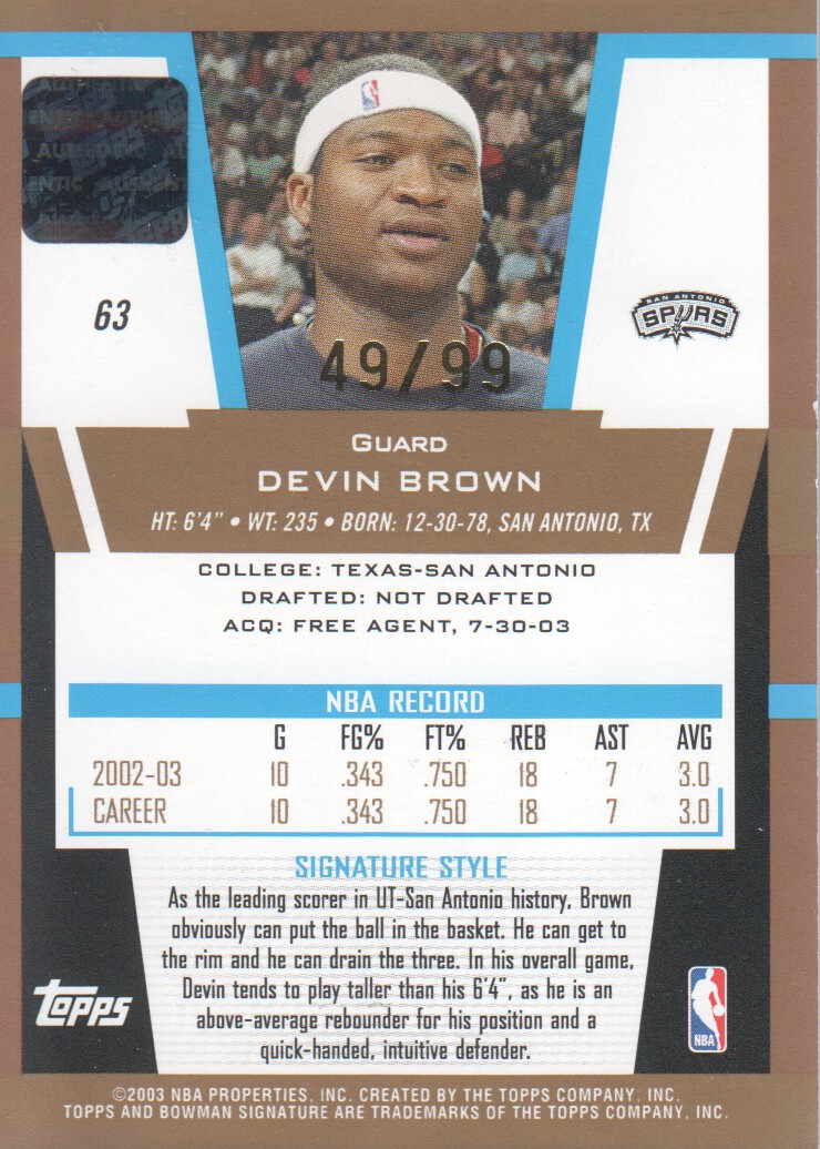 2003-04 Bowman Signature Edition Gold #63 Devin Brown back image