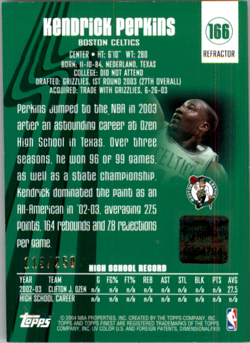 2003-04 Finest Refractors #166 Kendrick Perkins JSY AU back image