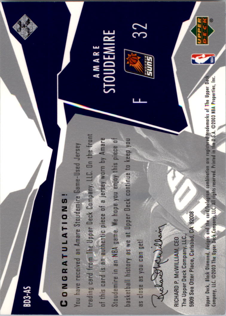 2003-04 Black Diamond Jerseys Triple Diamond #BD3AS Amare Stoudemire back image